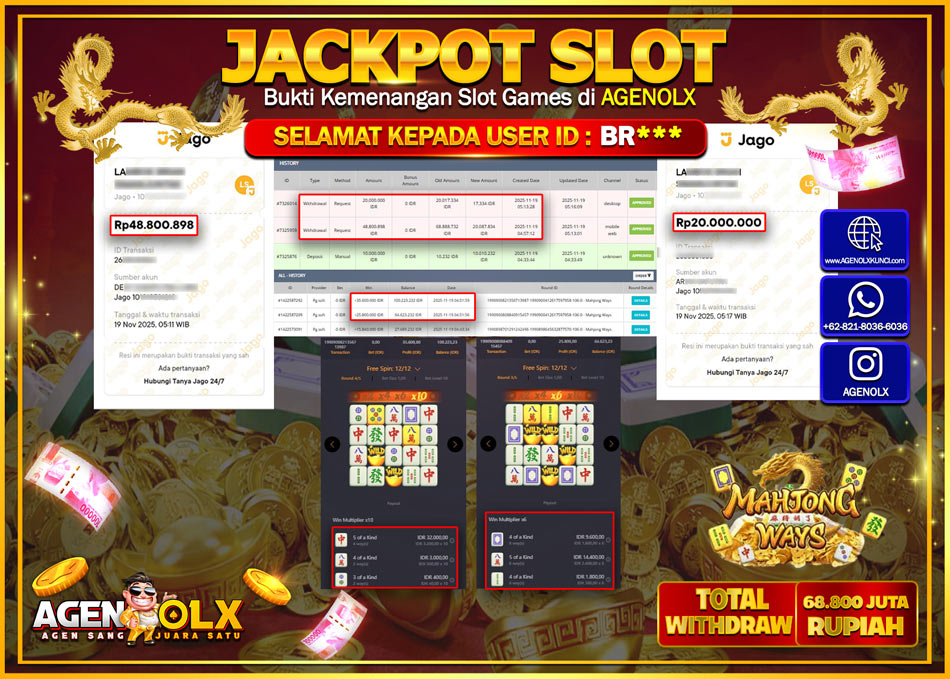 AGENOLX JACKPOT SLOT MAHJONG WAYS Rp 68,800,898,- LUNAS