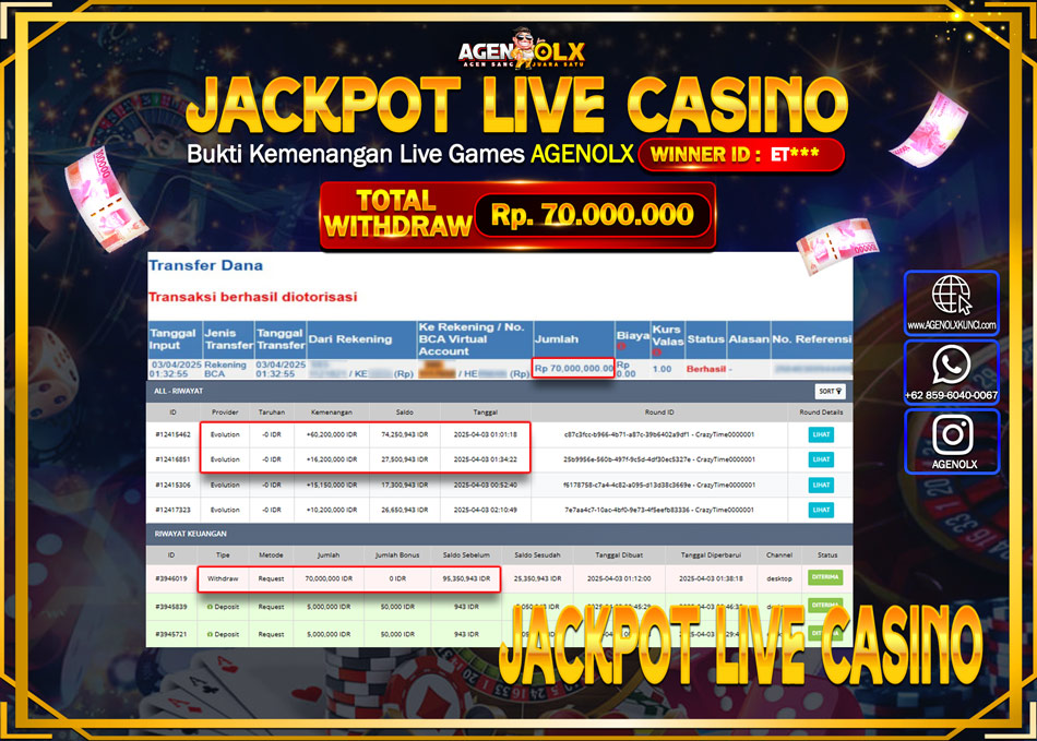 AGENOLX JACKPOT LIVE CASSINO Rp 70.000.000,- LUNAS