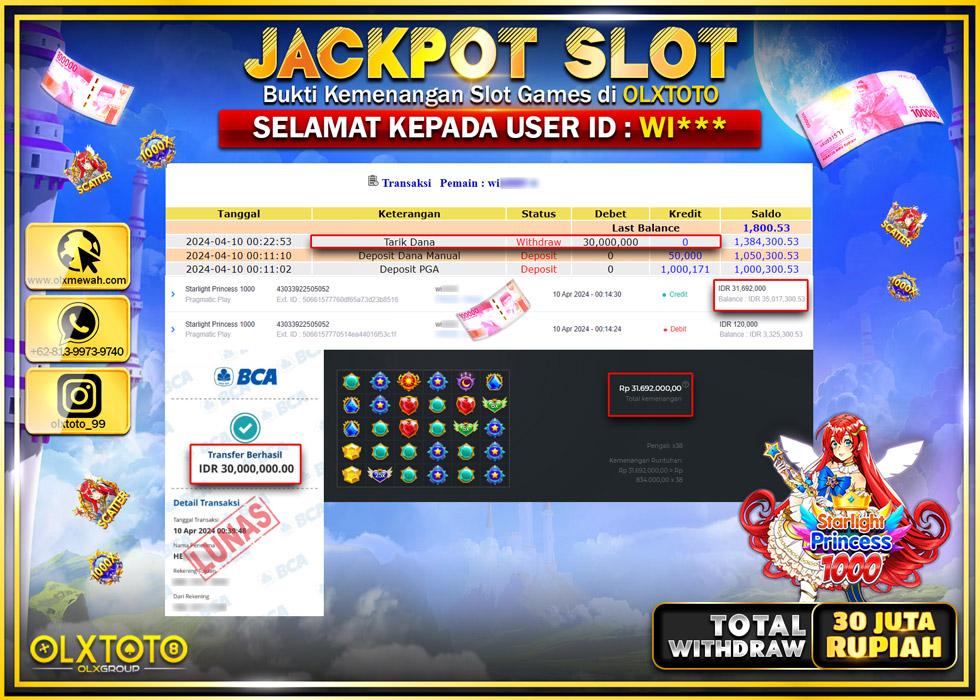 OLXTOTO JACKPOT SLOT STARLIGHT PRINCESS 1000   Rp.30.000.000.,- LUNAS