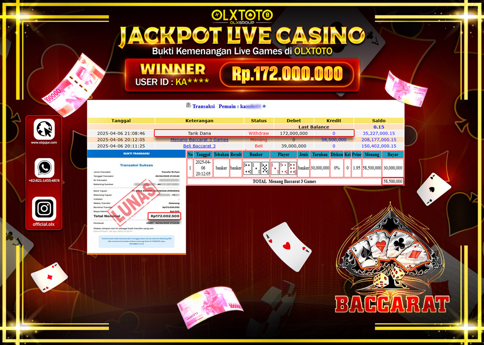 BINTANGSLOT77 JACKPOT  LIVE GAMES BACCARAT Rp.172.000.000.,- LUNAS