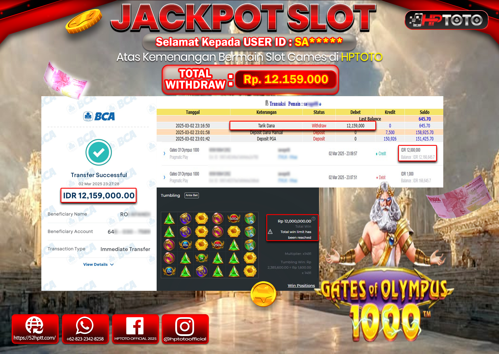 HPTOTO JACKPOT SLOT GATES OF OLYMPUS 1000 Rp.12.159.000,- LUNAS